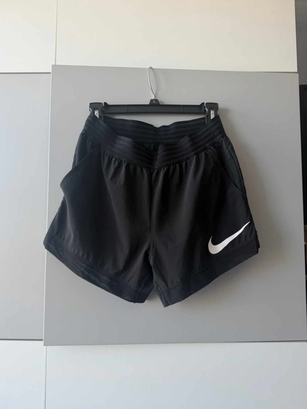Nike Women's Black Athletic Shorts with White Swoosh